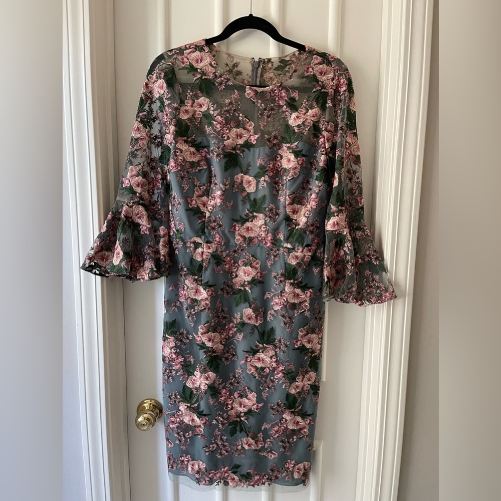 David Meister Floral Lined Bell Sleeve Dress